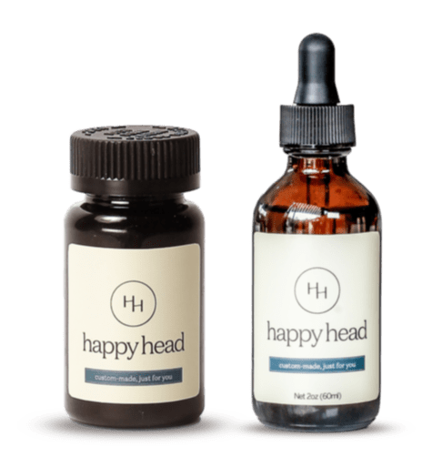 Happy Head formula bottle of topical Finasteride for hair loss and hair growth