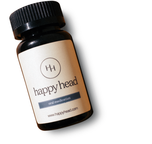 Happy Head formula bottle of topical Finasteride for hair loss and hair growth