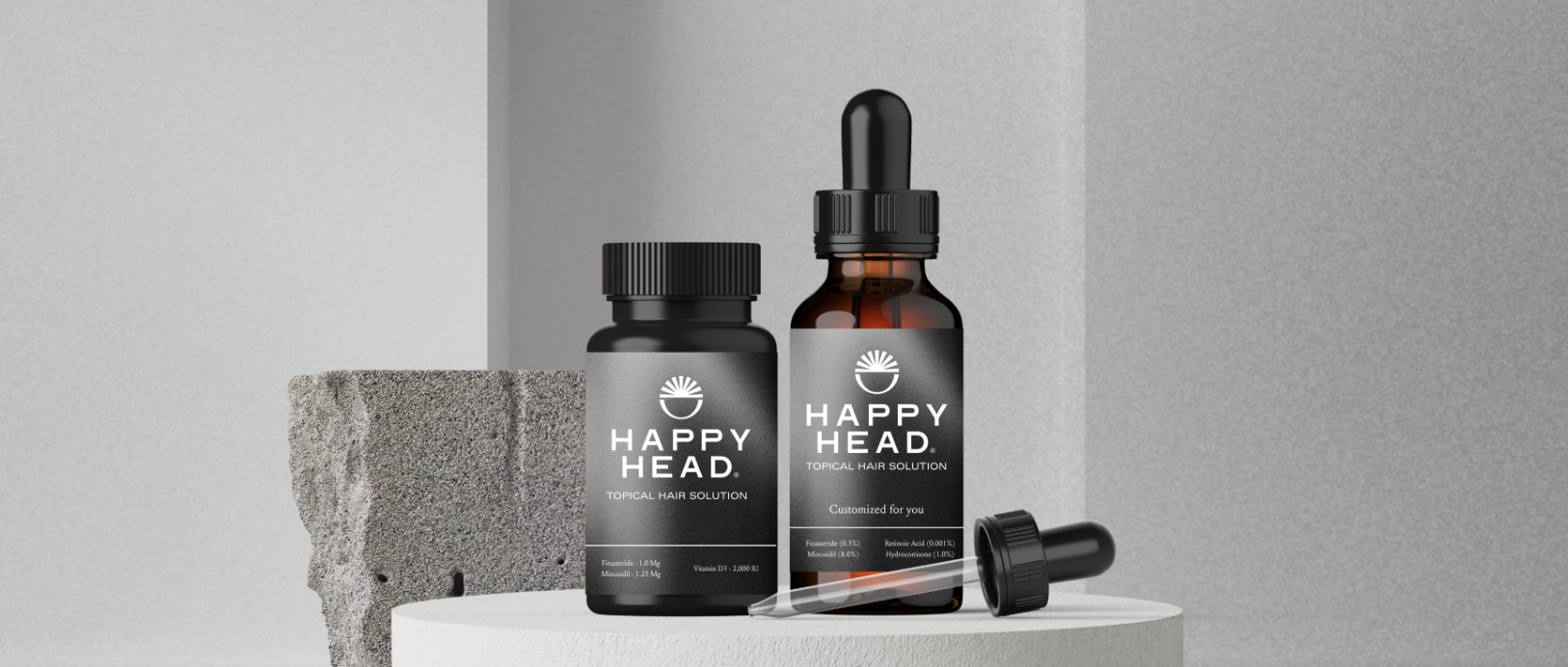 Happy Head formula bottle of topical Finasteride for hair loss and hair growth